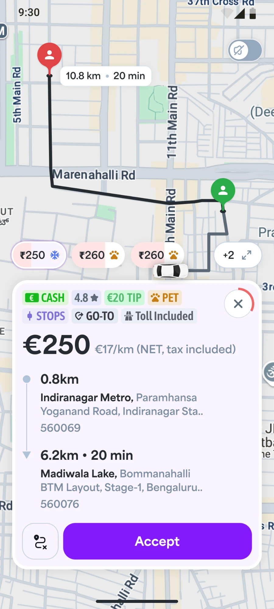 Lynx driver app: a ride request showing cash payment, rider rating, tip, pet, stops, toll included and the net rate per kilometre